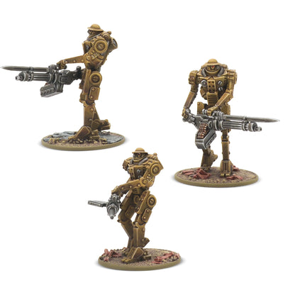 Three painted Warlord Resin Mk II Heavy Automated Infantry miniatures including two with Light Automatic Cannons and one with a heavy Automatic Cannon.