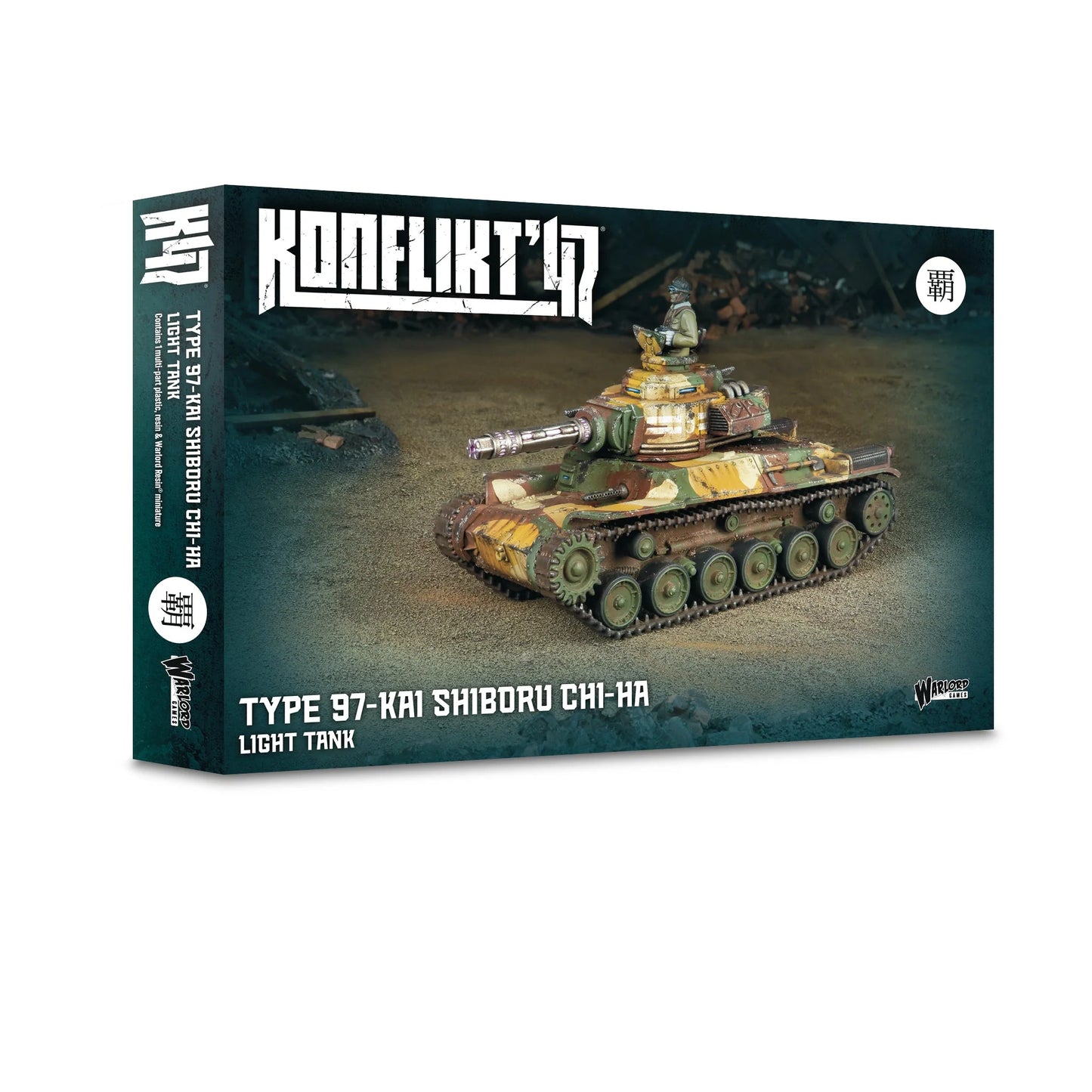 Official retail box for the Konflikt '47 Type 97-Kai Shiboru Chi-Ha light tank, a Japanese Rift-tech armored vehicle by Warlord Games.