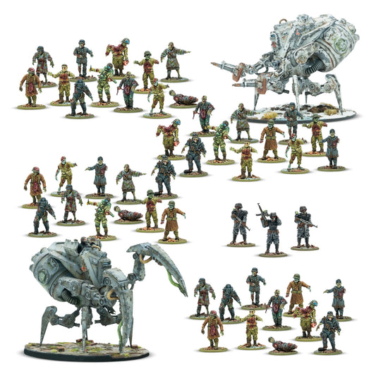 Complete contents of the Totenrotte Starter Army including 45 plastic Totenkorps, 2 resin Nachtzehrer walkers, and commander with bodyguards.