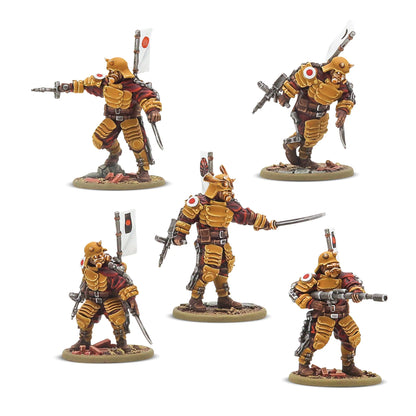 Five painted 28mm Warlord Resin Japanese Assault-Frame infantry miniatures featuring traditional samurai-style armor plates and banners.