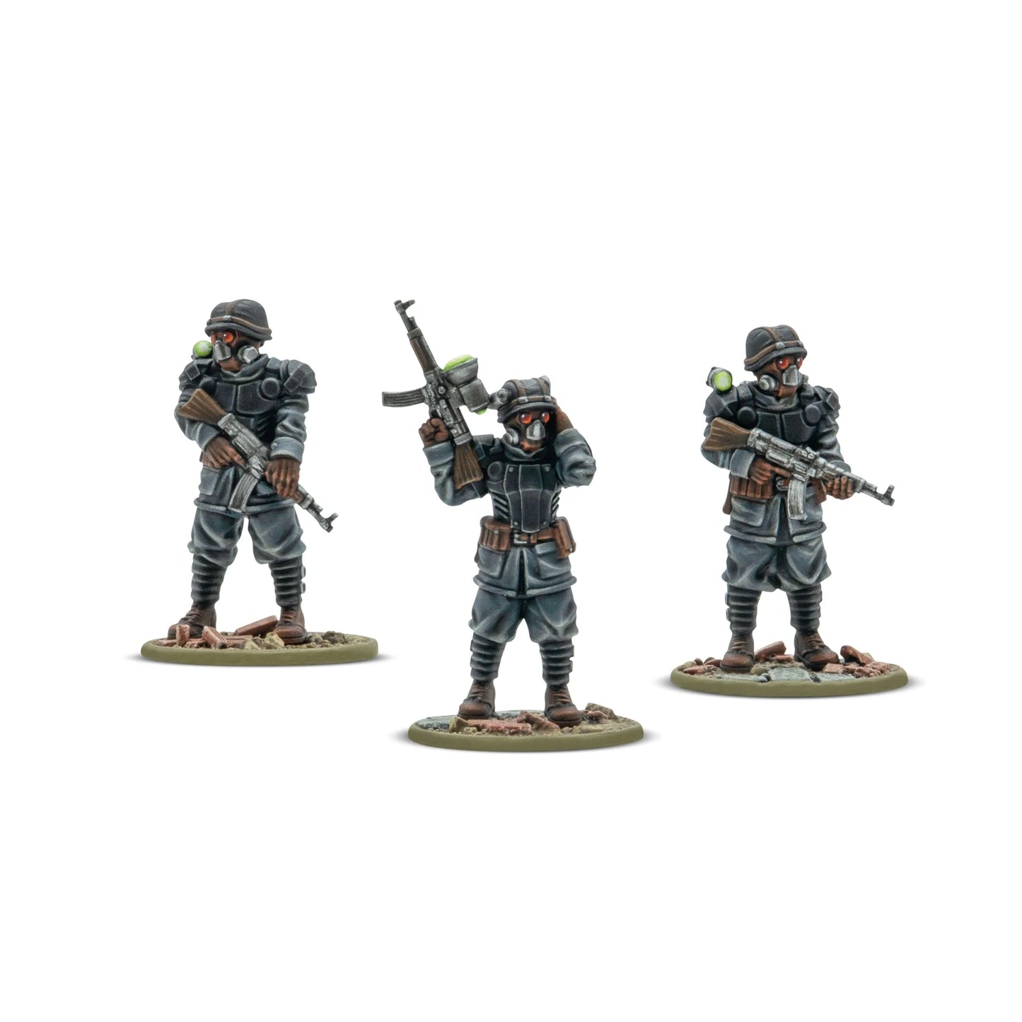 Three painted Warlord Resin miniatures of a Totenrotte Platoon Commander and his bodyguards in Shocktrooper advanced body armor.