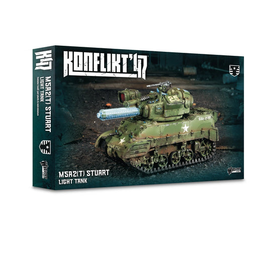Official retail box for the Konflikt '47 M5A2(T) Stuart Light Tank by Warlord Games, an upgraded US armored platform.