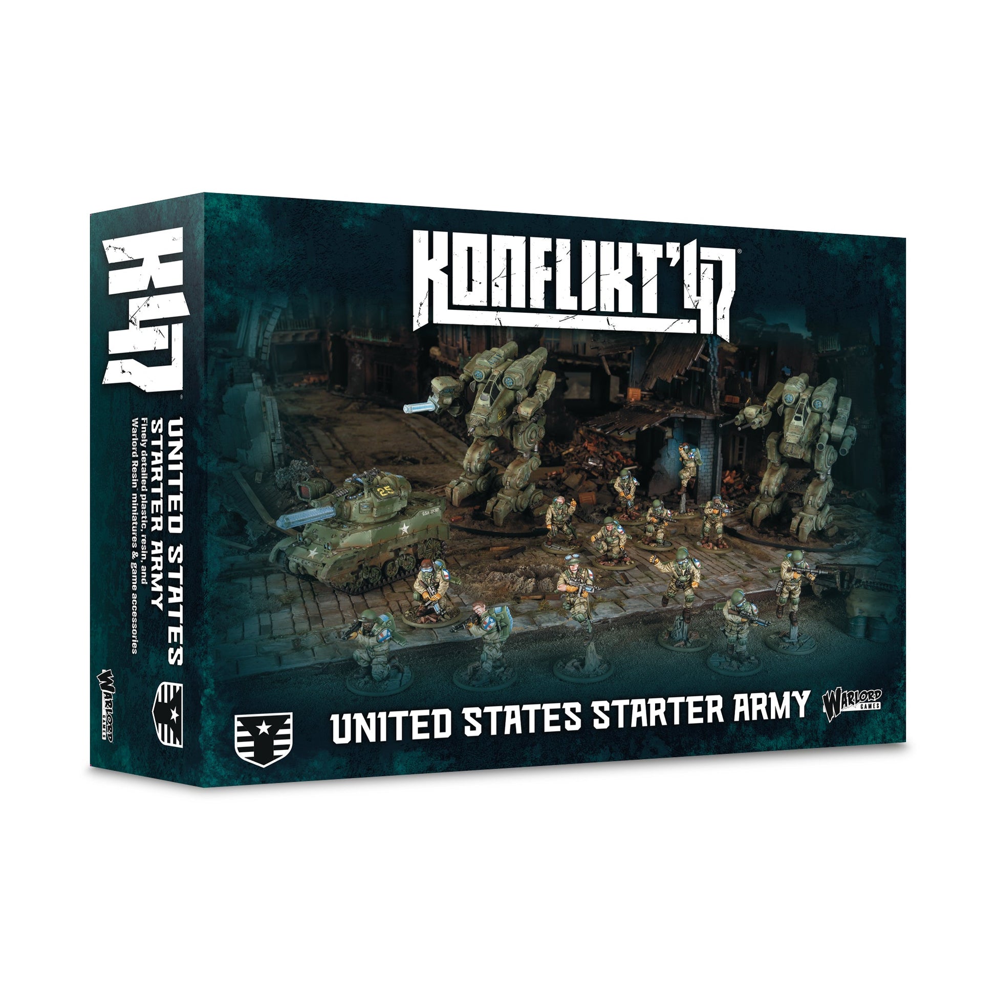 Konflikt '47 United States Starter Army box art featuring mechs and jump troops