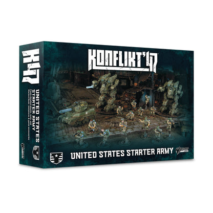 Konflikt '47 United States Starter Army box art featuring mechs and jump troops