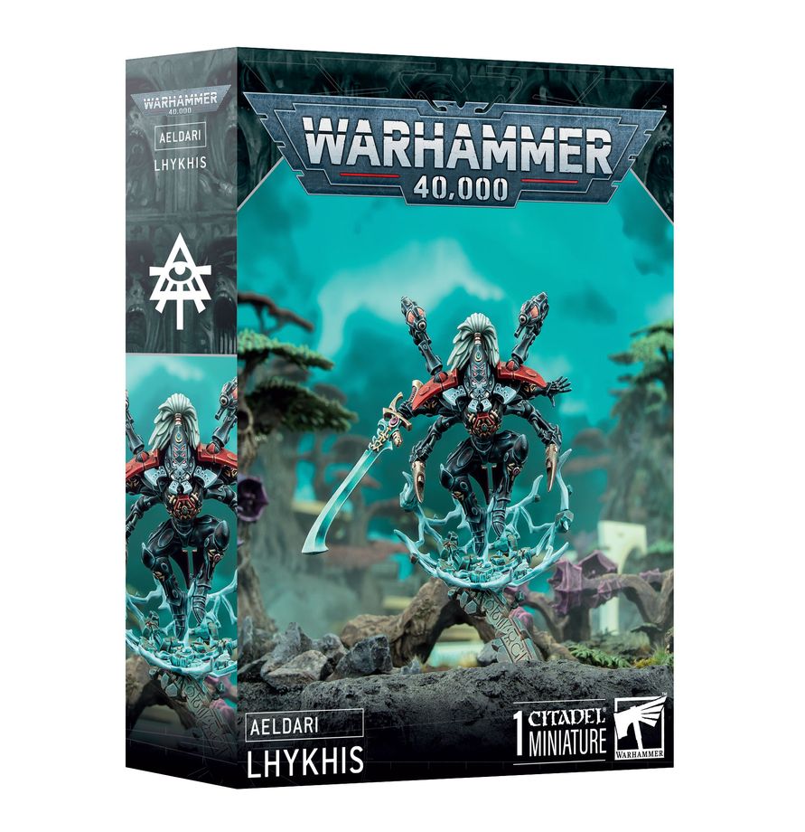 The official retail product box for the Lhykhis miniature kit, featuring the fully assembled and painted Aeldari Phoenix Lord model.