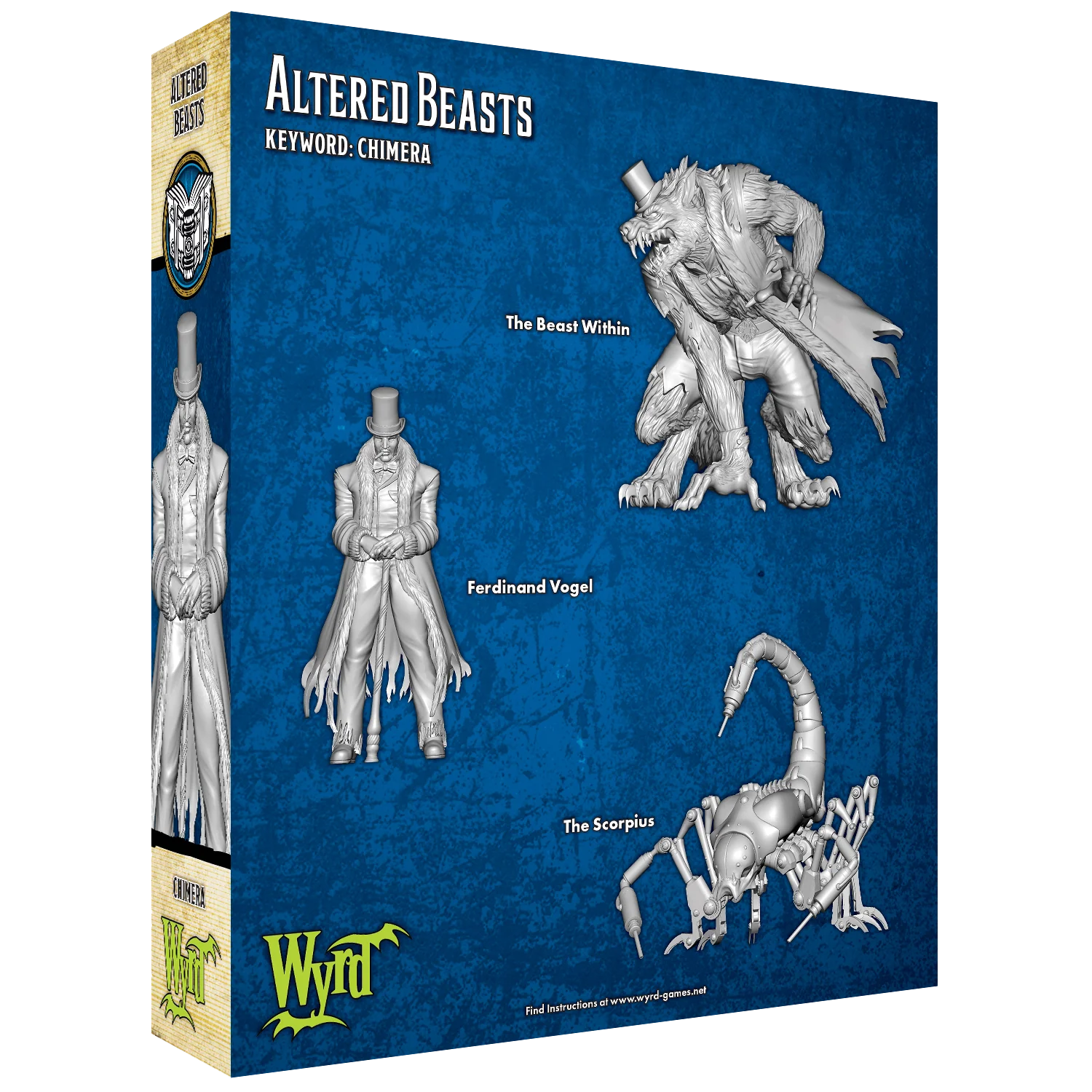 The 3 unpainted plastic miniatures from the Malifaux Altered Beasts box: Ferdinand Vogel, The Beast Within, and The Scorpius.