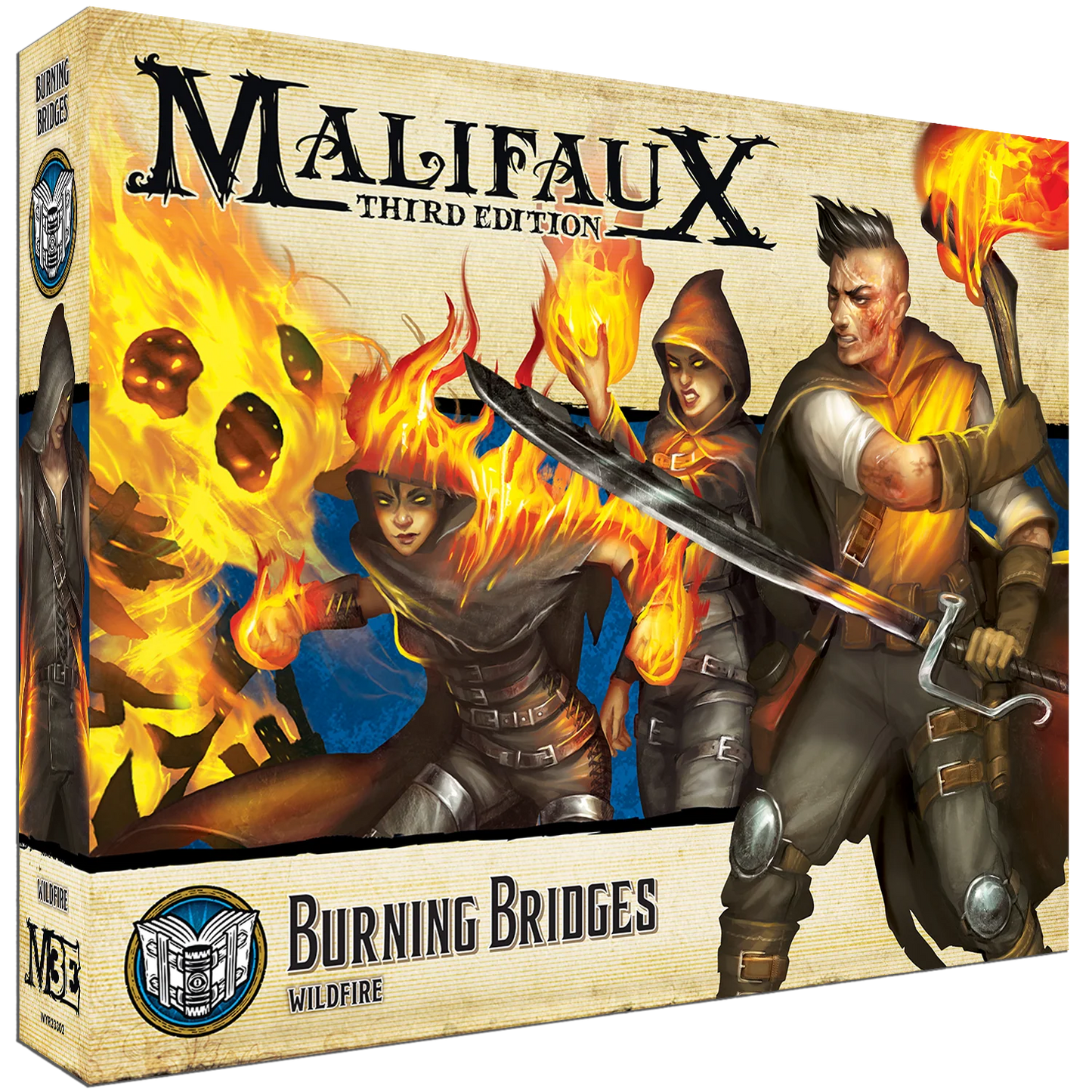 The box for the Malifaux Third Edition set, Burning Bridges, for the Arcanist's Wildfire keyword.