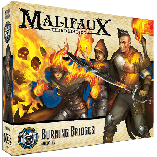 The box for the Malifaux Third Edition set, Burning Bridges, for the Arcanist's Wildfire keyword.