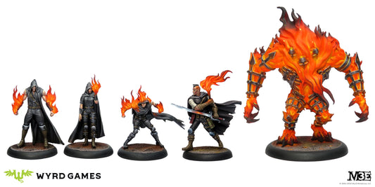 The 5 painted Malifaux miniatures from the Burning Bridges box, including Elijah Borgmann and the Fire Golem.