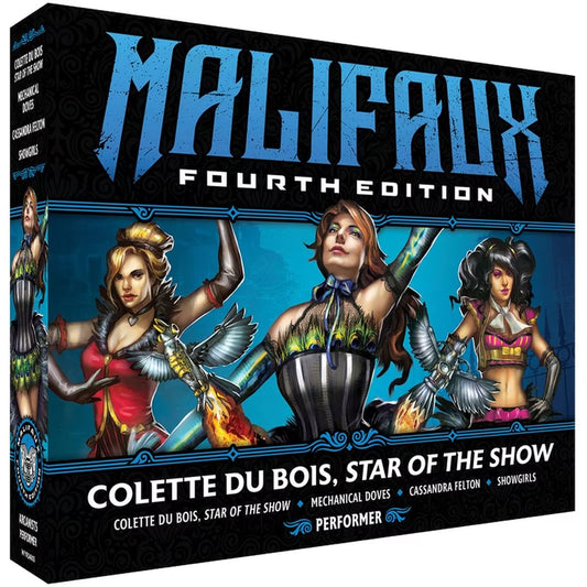 The box for the Malifaux Fourth Edition core box, Colette Du Bois, Star of the Show, for the Arcanist faction.