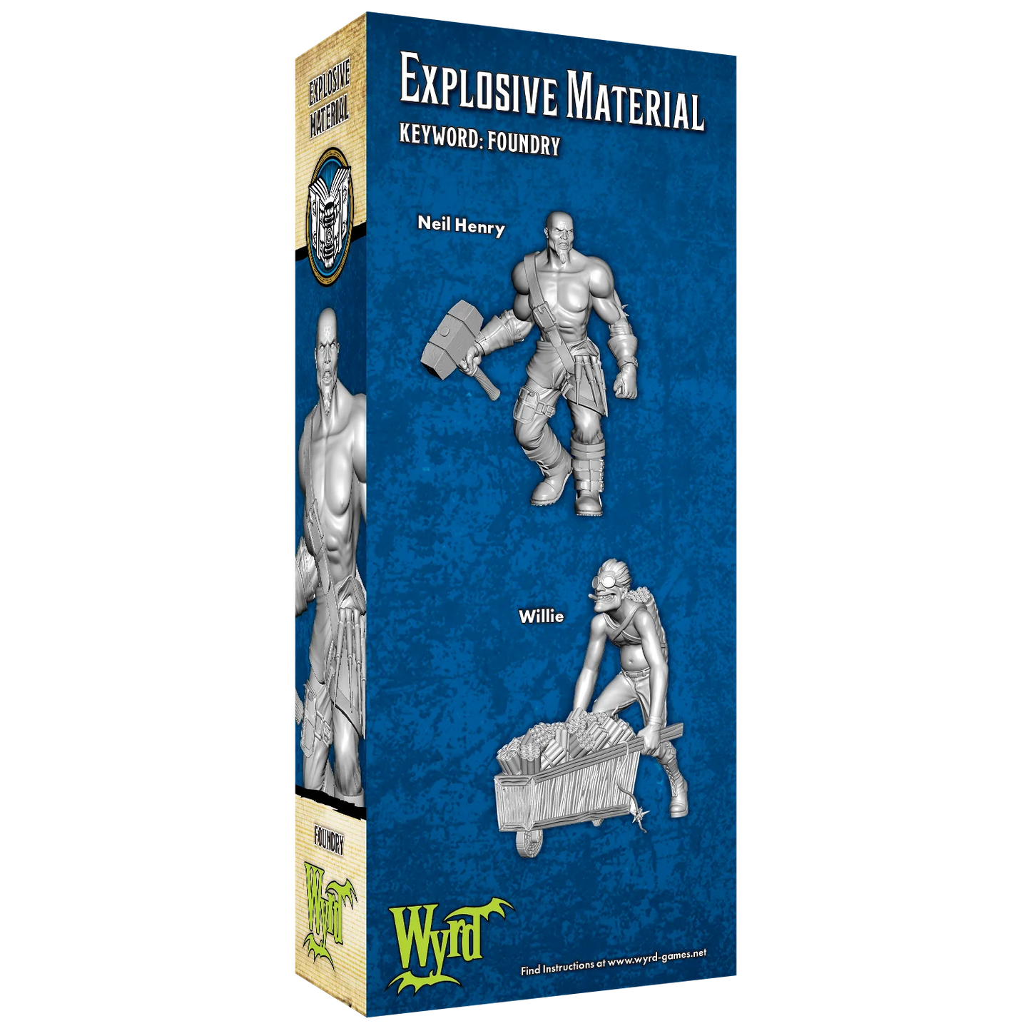 The back of the Explosive Material box, showing the renders for the 2 included Malifaux miniatures.