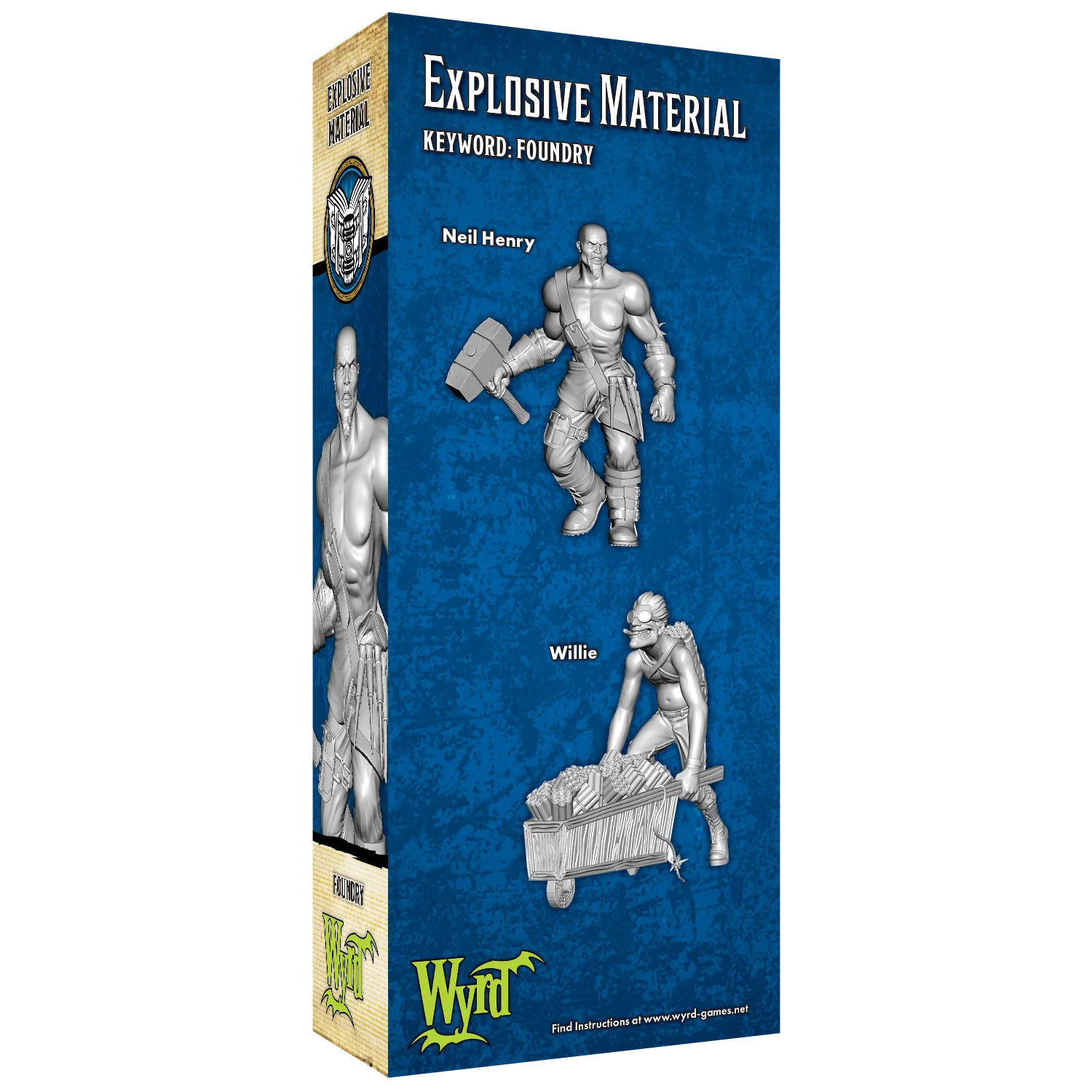 The back of the Explosive Material box, showing the renders for the 2 included Malifaux miniatures.