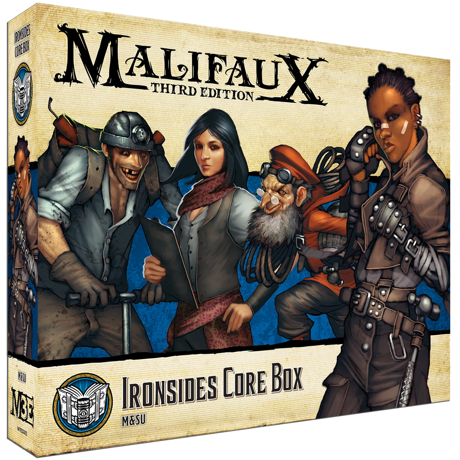 Box art for the Malifaux Ironsides Core Box, featuring Toni Ironsides and her M&SU crew.