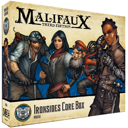 Box art for the Malifaux Ironsides Core Box, featuring Toni Ironsides and her M&SU crew.