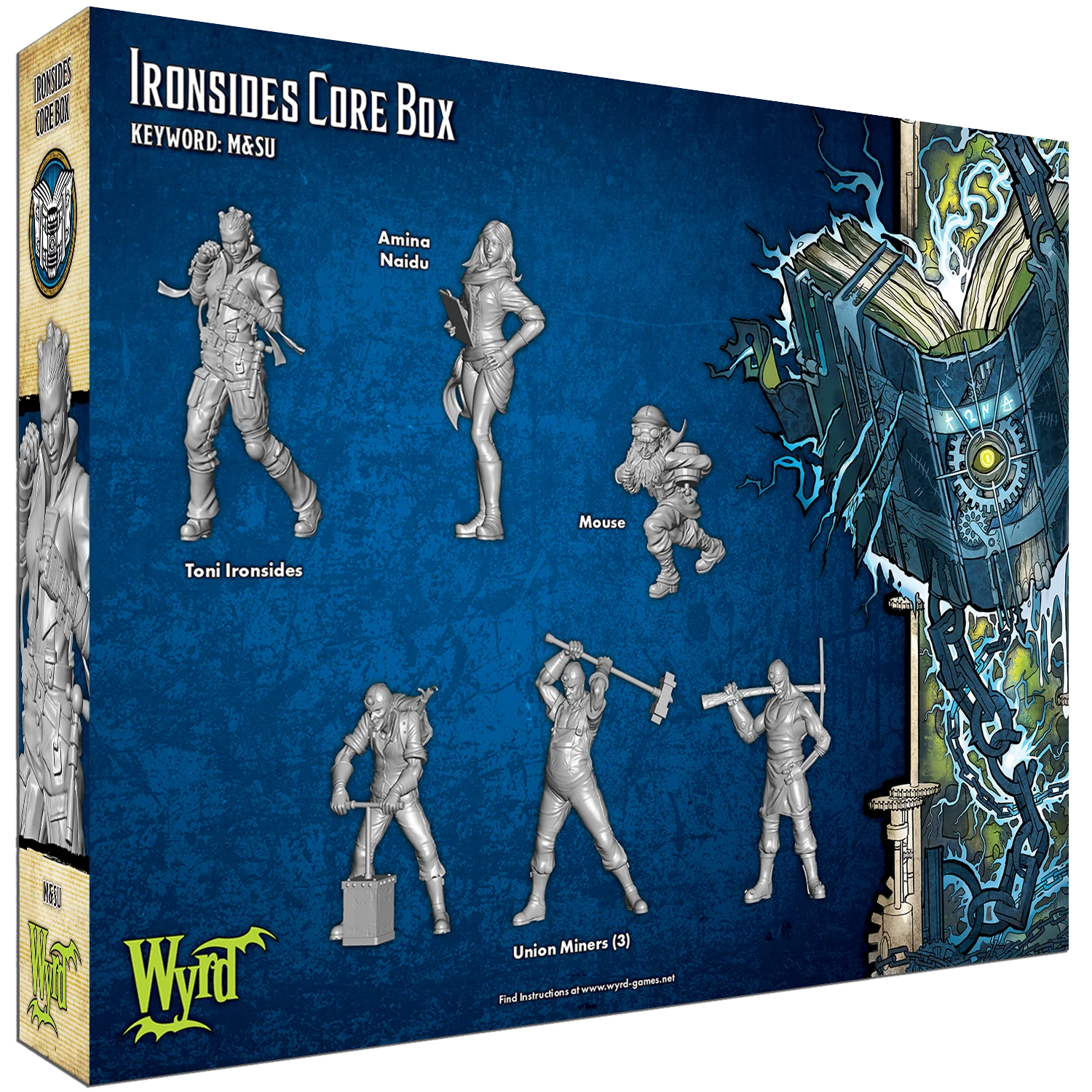 The 6 unpainted plastic miniatures from the Malifaux Ironsides Core Box: Toni Ironsides, Amina Naidu, Mouse, and three Union Miners.