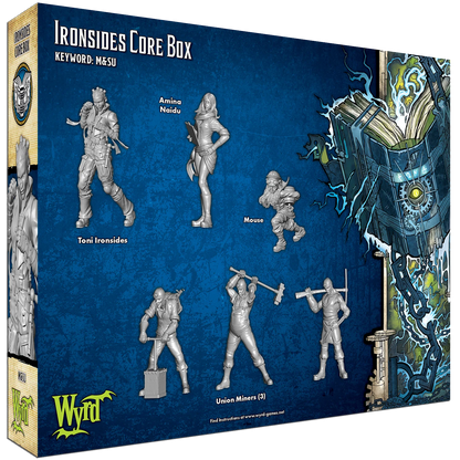 The 6 unpainted plastic miniatures from the Malifaux Ironsides Core Box: Toni Ironsides, Amina Naidu, Mouse, and three Union Miners.