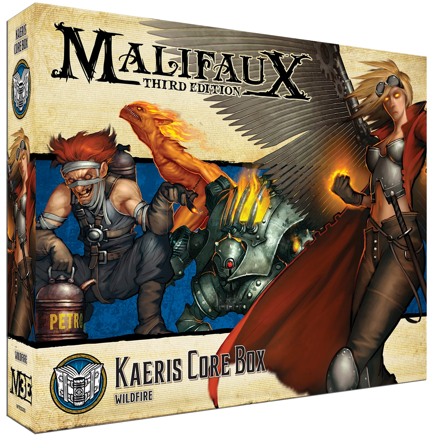 Box art for the Malifaux Kaeris Core Box, showing Kaeris and her Wildfire crew unleashing flames.
