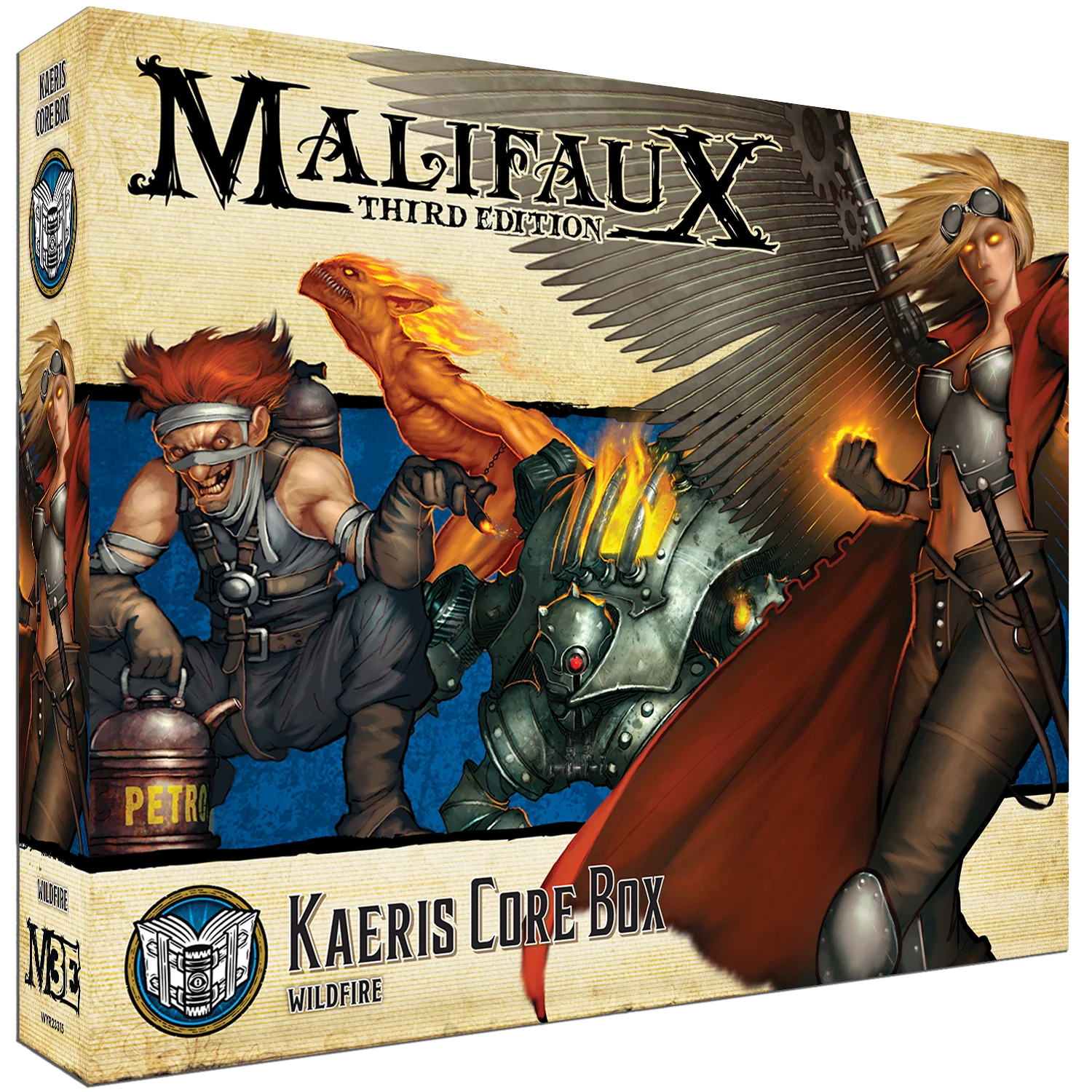 Box art for the Malifaux Kaeris Core Box, showing Kaeris and her Wildfire crew unleashing flames.