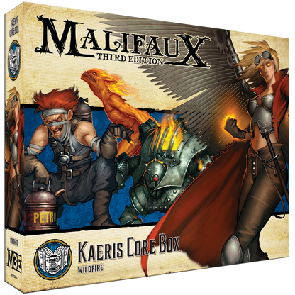 Box art for the Malifaux Kaeris Core Box, showing Kaeris and her Wildfire crew unleashing flames.