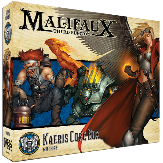 Box art for the Malifaux Kaeris Core Box, showing Kaeris and her Wildfire crew unleashing flames.