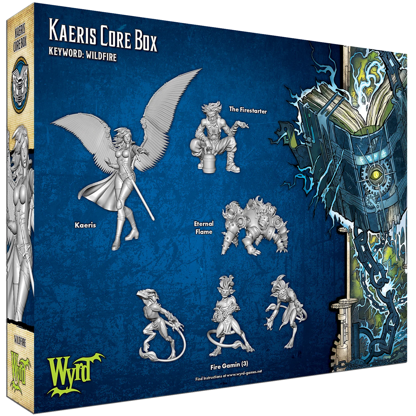 The 6 unpainted plastic miniatures from the Malifaux Kaeris Core Box: Kaeris, The Firestarter, Eternal Flame, and three Fire Gamin.