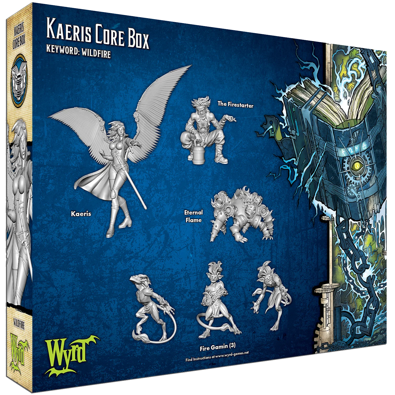 The 6 unpainted plastic miniatures from the Malifaux Kaeris Core Box: Kaeris, The Firestarter, Eternal Flame, and three Fire Gamin.