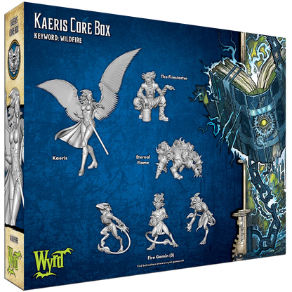 The 6 unpainted plastic miniatures from the Malifaux Kaeris Core Box: Kaeris, The Firestarter, Eternal Flame, and three Fire Gamin.