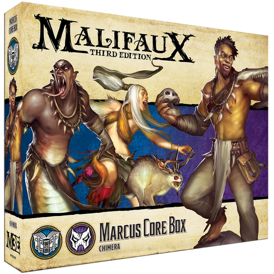 Box art for the Malifaux Marcus Core Box, showing Marcus and his Chimera crew in dynamic poses