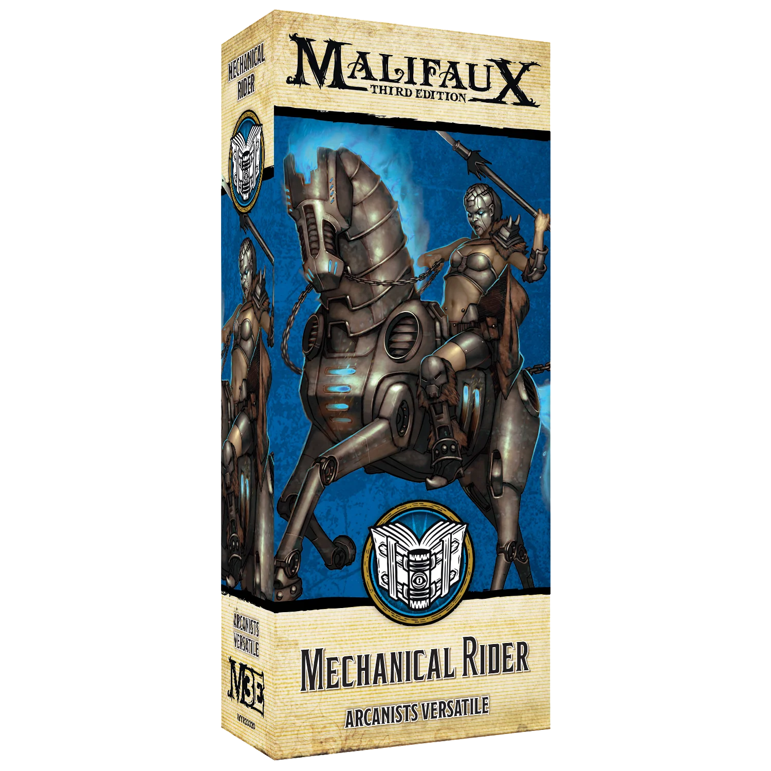 Box art for the Malifaux Mechanical Rider, an Arcanist Versatile model.