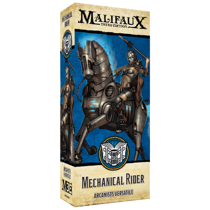Box art for the Malifaux Mechanical Rider, an Arcanist Versatile model.