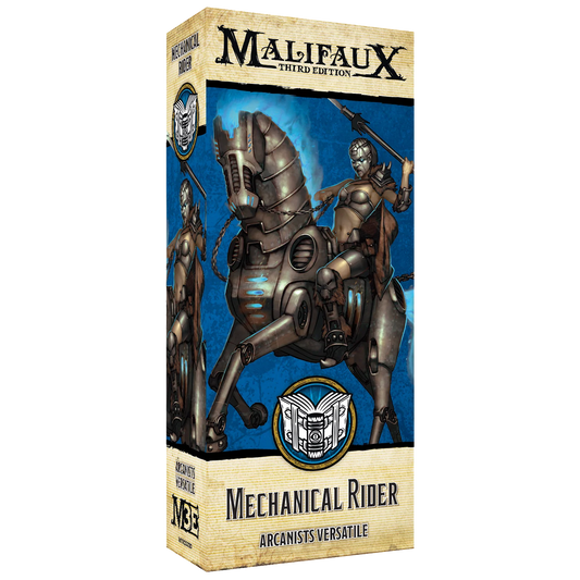 Box art for the Malifaux Mechanical Rider, an Arcanist Versatile model.