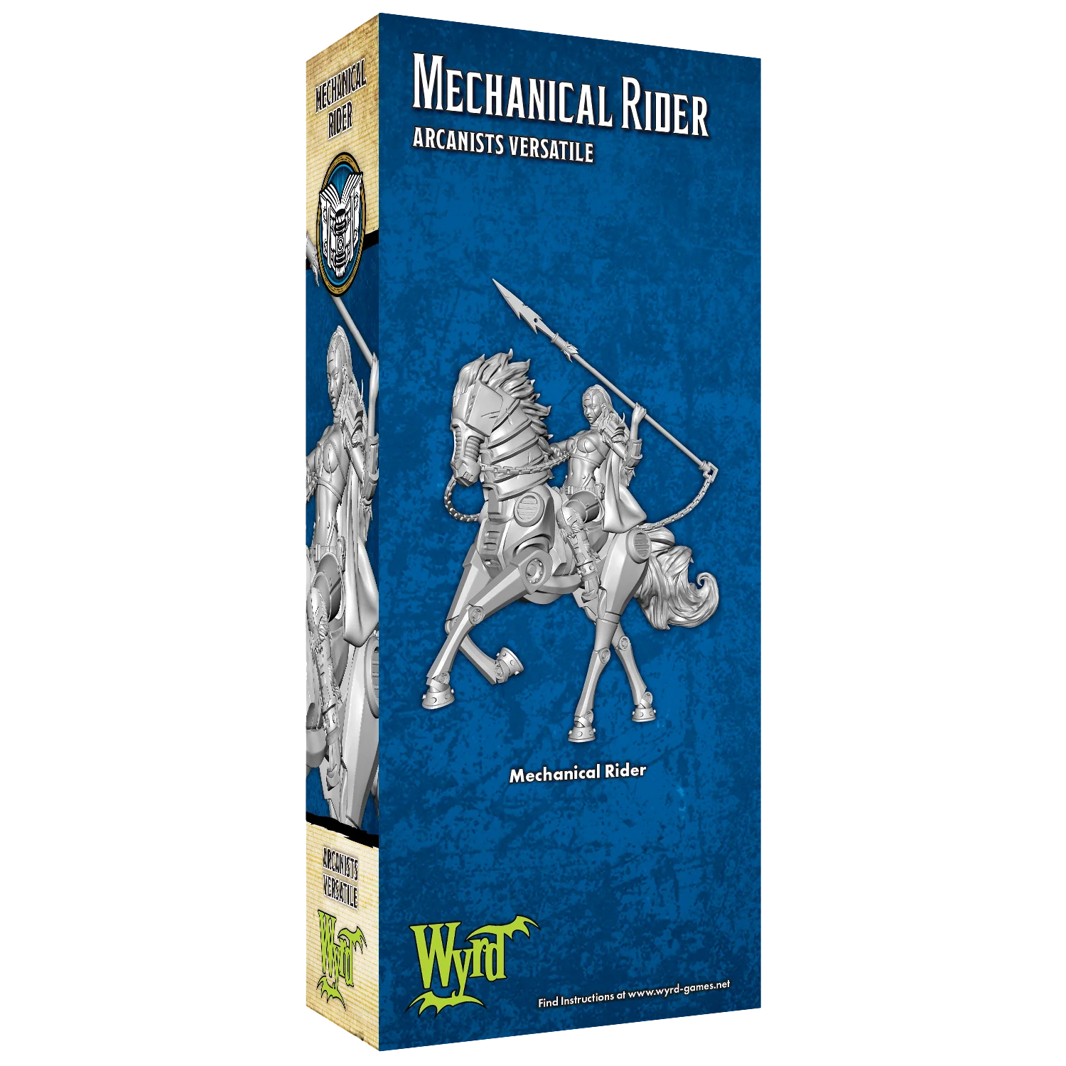 The unpainted plastic miniature of the Malifaux Mechanical Rider on its display box.