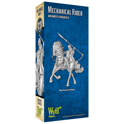 The unpainted plastic miniature of the Malifaux Mechanical Rider on its display box.