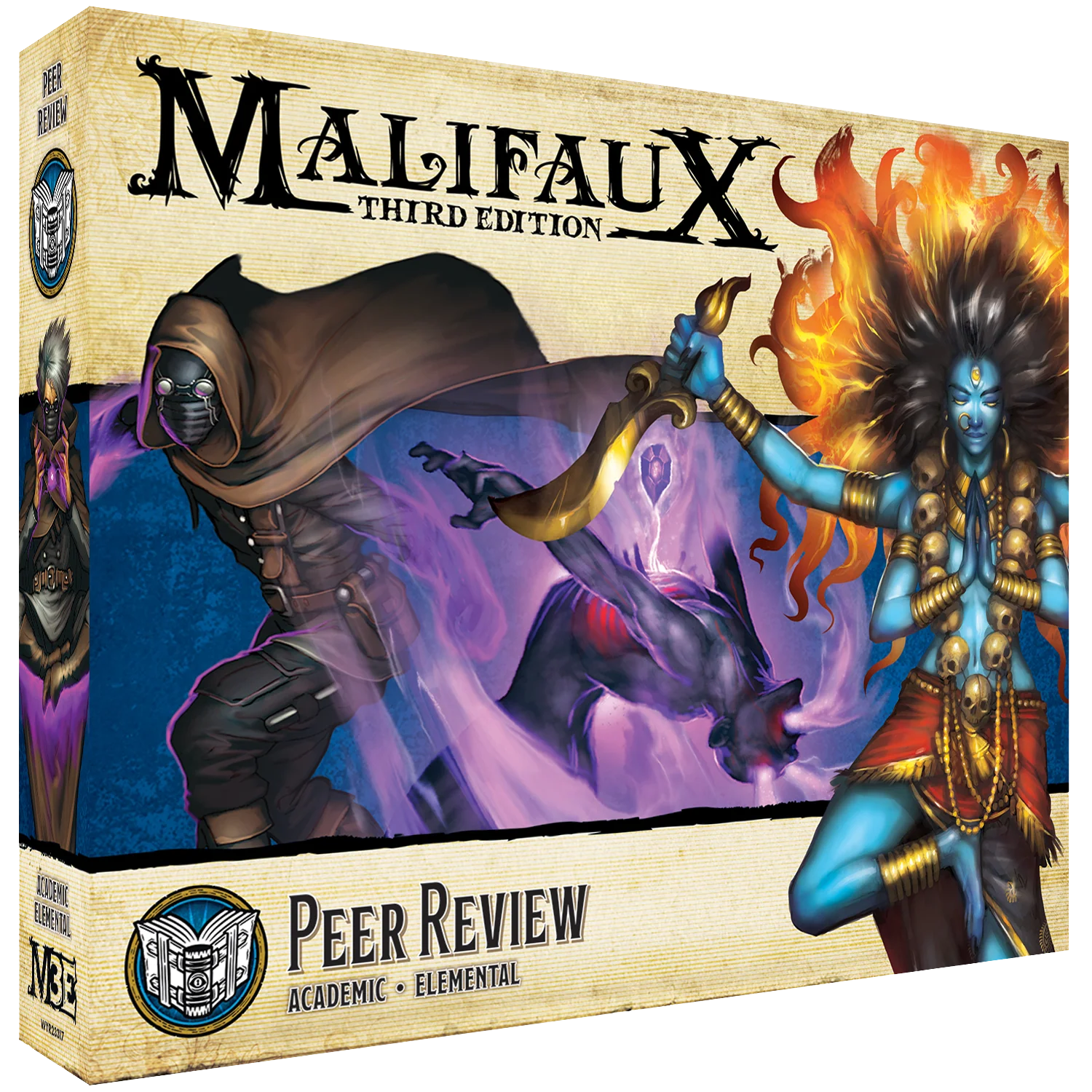  Box art for the Malifaux Peer Review expansion, showing Kandara and the Oxfordian Mages.