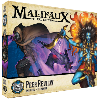  Box art for the Malifaux Peer Review expansion, showing Kandara and the Oxfordian Mages.