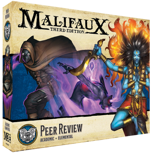  Box art for the Malifaux Peer Review expansion, showing Kandara and the Oxfordian Mages.