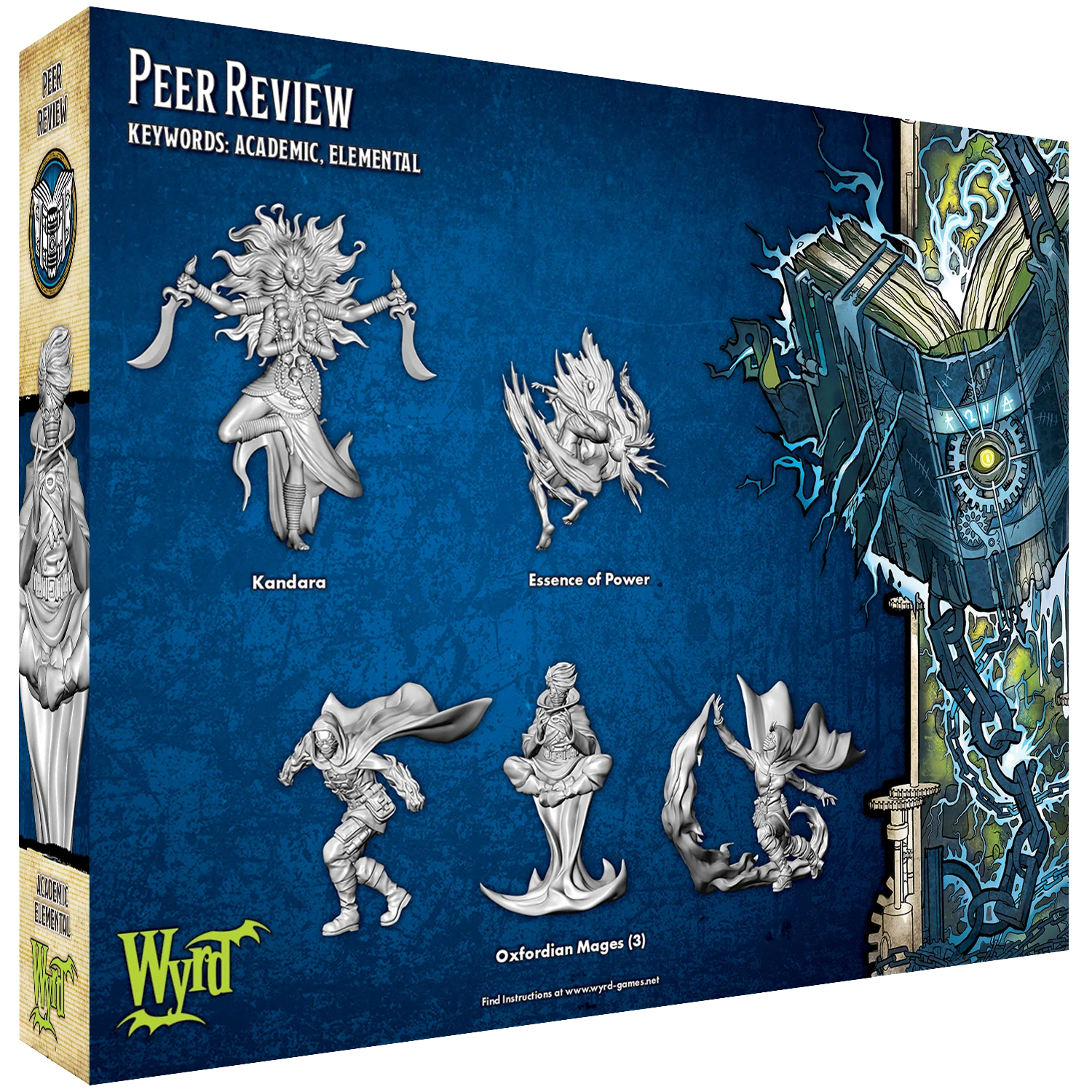 The 5 unpainted plastic miniatures from the Malifaux Peer Review box: Kandara, Essence of Power, and three Oxfordian Mages.