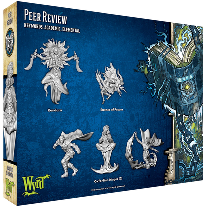 The 5 unpainted plastic miniatures from the Malifaux Peer Review box: Kandara, Essence of Power, and three Oxfordian Mages.
