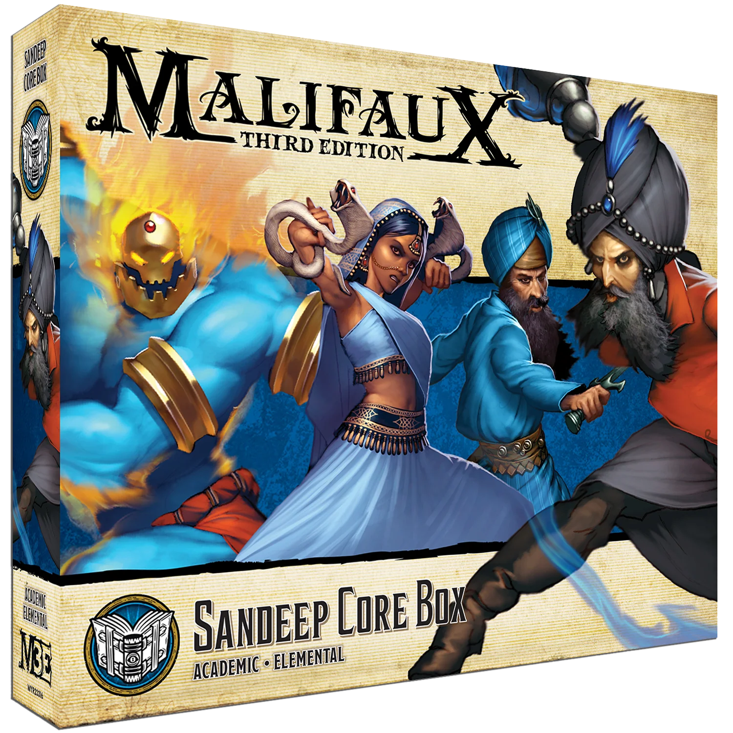 Box art for the Malifaux Sandeep Core Box, showing Sandeep Desai and his crew of elemental-wielding academics.