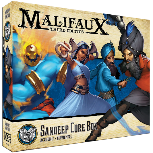 Box art for the Malifaux Sandeep Core Box, showing Sandeep Desai and his crew of elemental-wielding academics.