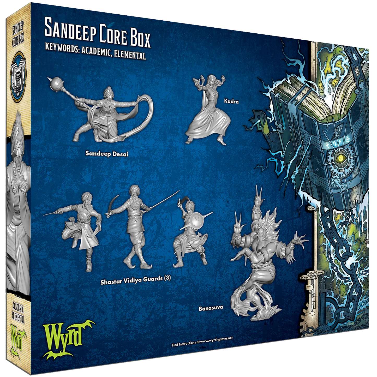 The 6 unpainted plastic miniatures from the Malifaux Sandeep Core Box: Sandeep Desai, Kudra, Banasuva, and three Shastar Vidiya Guards.