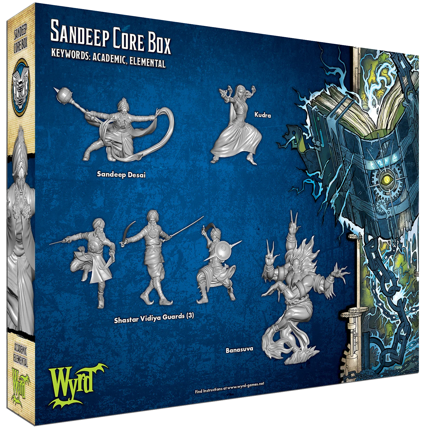 The 6 unpainted plastic miniatures from the Malifaux Sandeep Core Box: Sandeep Desai, Kudra, Banasuva, and three Shastar Vidiya Guards.