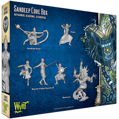 The 6 unpainted plastic miniatures from the Malifaux Sandeep Core Box: Sandeep Desai, Kudra, Banasuva, and three Shastar Vidiya Guards.