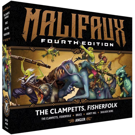 The box for the Malifaux Fourth Edition core box, The Clampetts, Fisherfolk, for the Bayou faction.