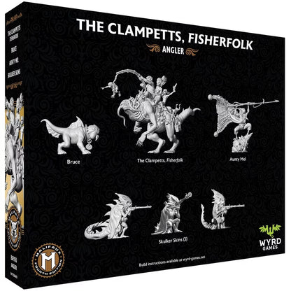 The back of The Clampetts, Fisherfolk box, showing the renders for the 6 included Malifaux miniatures.