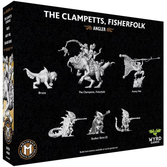 The back of The Clampetts, Fisherfolk box, showing the renders for the 6 included Malifaux miniatures.