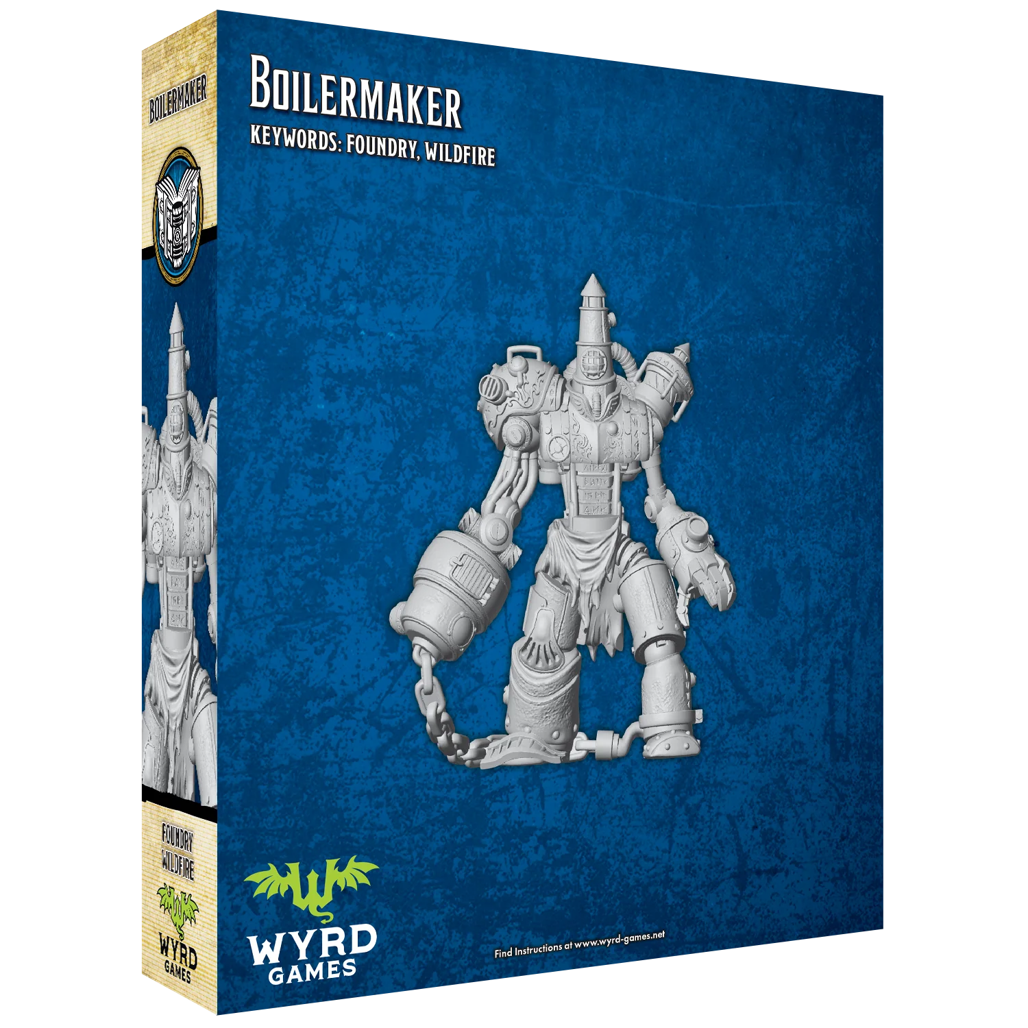  The back of the Malifaux "Boilermaker" box, displaying the unpainted plastic miniature of the large, steam-powered construct.