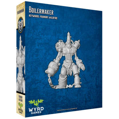  The back of the Malifaux "Boilermaker" box, displaying the unpainted plastic miniature of the large, steam-powered construct.
