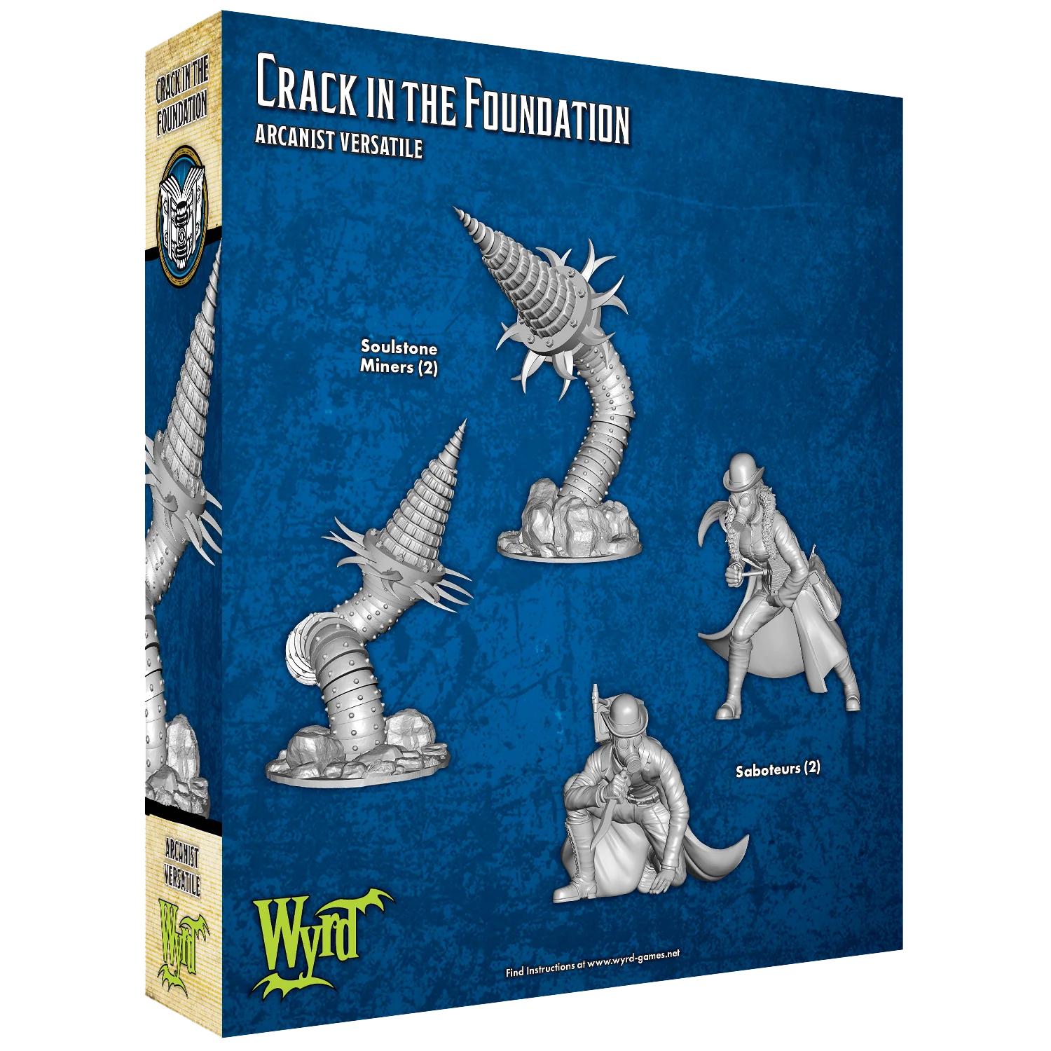 The back of the Malifaux "Crack In The Foundation" box, showing the unpainted plastic miniatures of two Soulstone Miners and two Saboteurs.