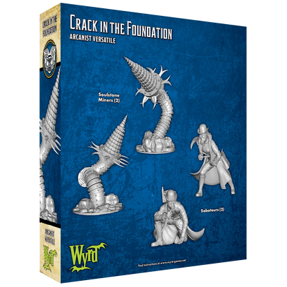 The back of the Malifaux "Crack In The Foundation" box, showing the unpainted plastic miniatures of two Soulstone Miners and two Saboteurs.